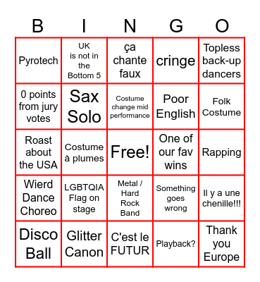 Eurovision Bingo Card