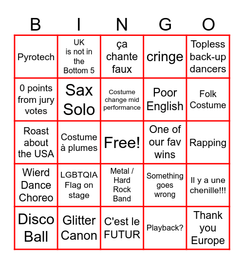 Eurovision Bingo Card