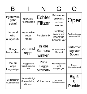 Eurovision Bingo Card