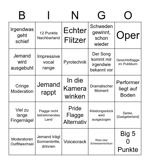 Eurovision Bingo Card