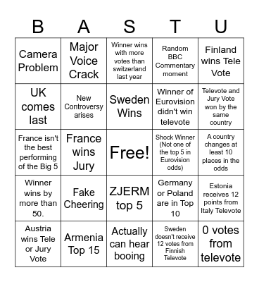Eurovision 2025 Grand Final Bingo Card