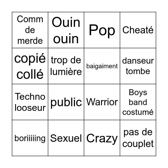 Eurovision bingo Card
