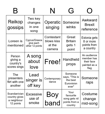 Eurovision Bingo Card