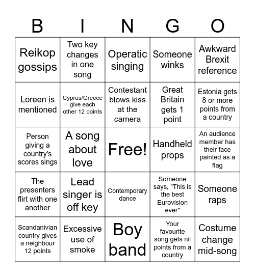 Eurovision Bingo Card