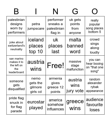 eurovision 2025 Bingo Card