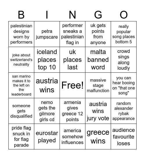 eurovision 2025 Bingo Card