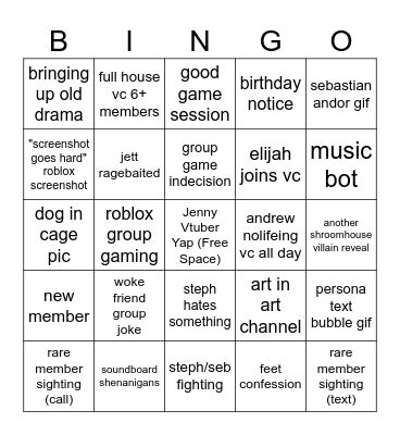 Shroomhouse slander bingo Card