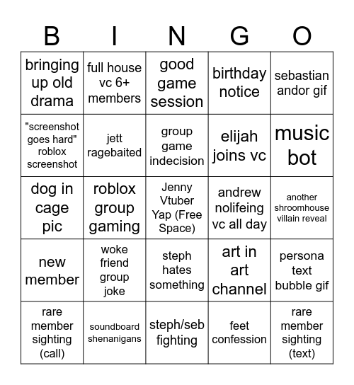Shroomhouse slander bingo Card