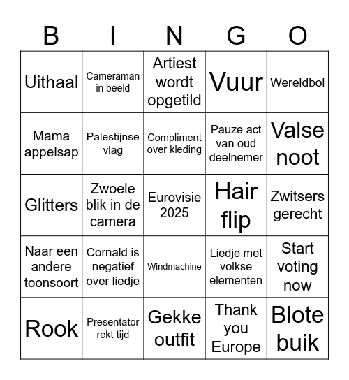 Eurovisie Songfestival 2025 Bingo Card