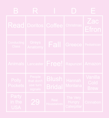 Bride Bingo Card