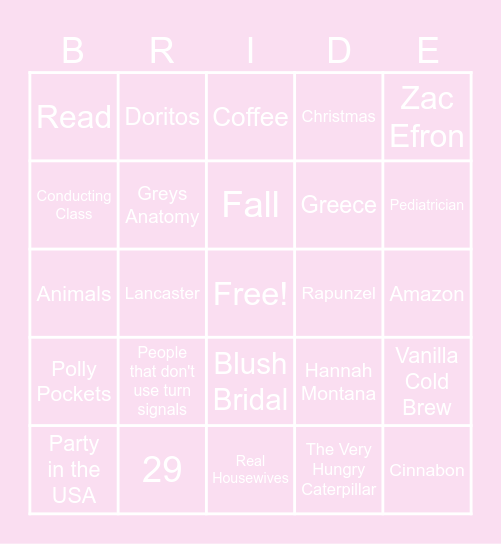 Bride Bingo Card