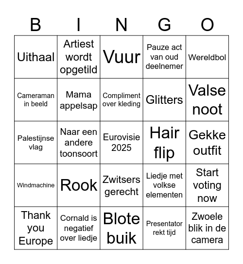 Eurovisie Songfestival 2025 Bingo Card