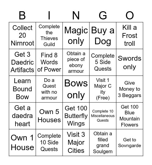 Skyrim Bingo Card