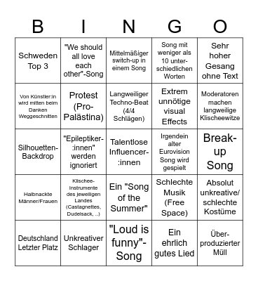 Eurovision Bingo Card