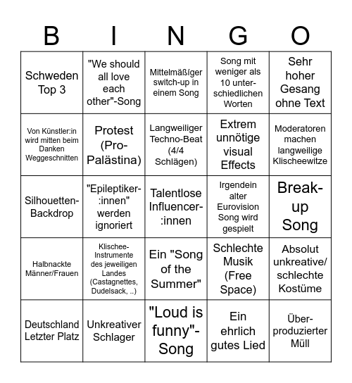 Eurovision Bingo Card
