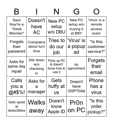 Geek Squad Bingo Card