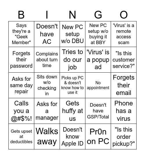 Geek Squad Bingo Card