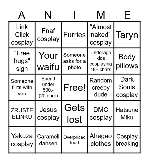 Animefest 2025 Bingo Card