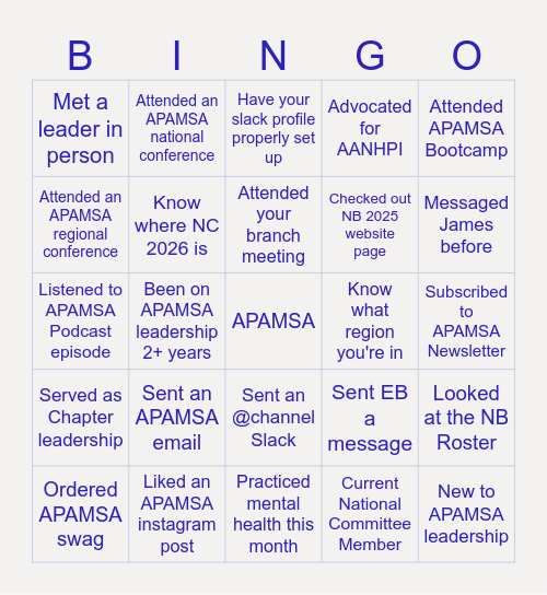 APAMSA GAME NIGHT Bingo Card