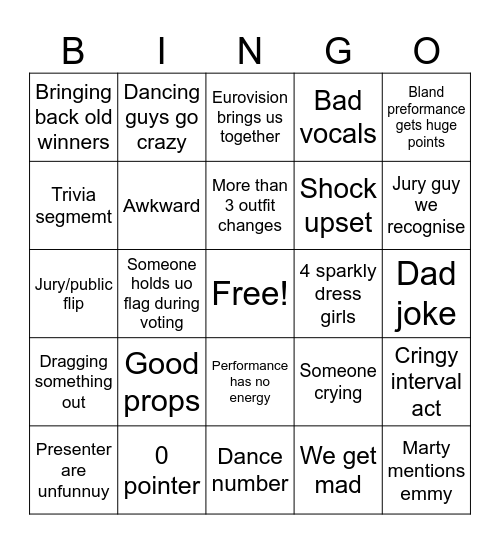 Eurovision Bingo Card