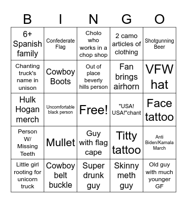 Monster Truck Bingo Card