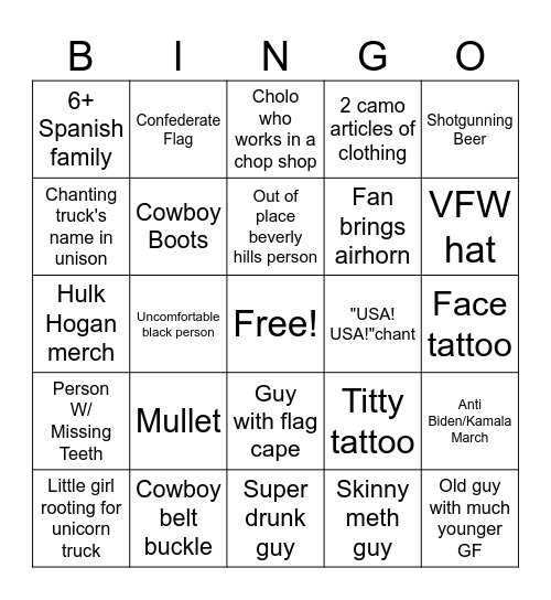 Monster Truck Bingo Card