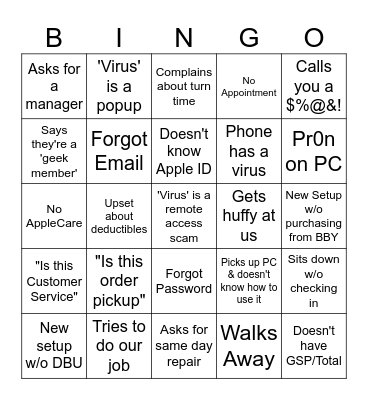 Geek Squad Bingo Card