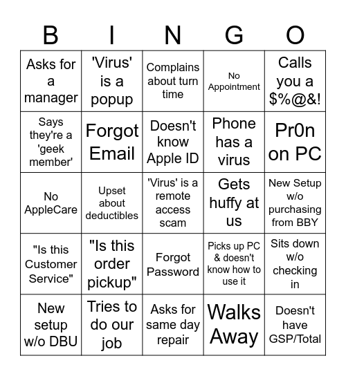 Geek Squad Bingo Card