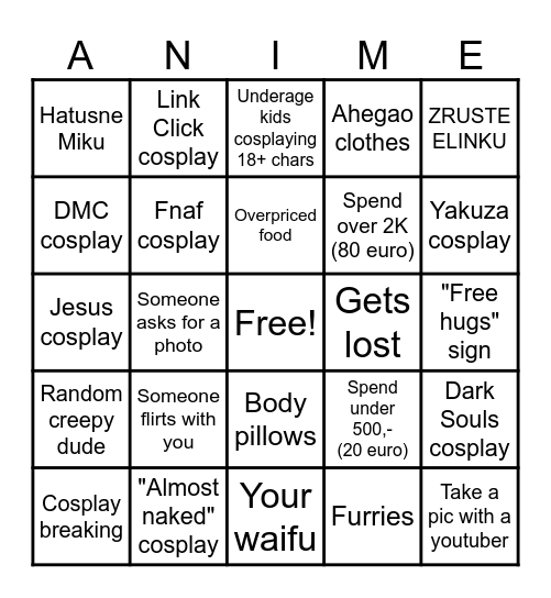 Animefest 2025 Bingo Card