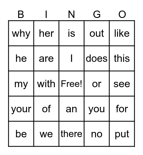 Sight Word Bingo Card
