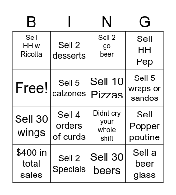 Server Shift Bingo Card