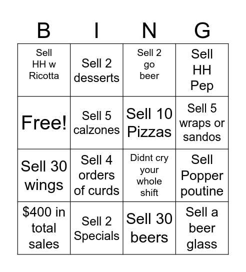 Server Shift Bingo Card