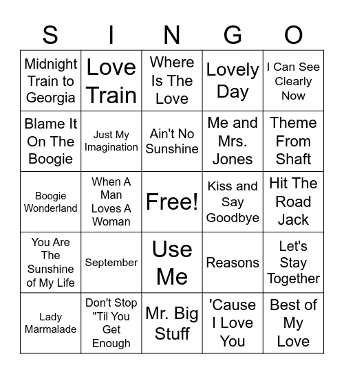 70s Soul Classics Bingo Card