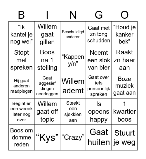 Willem ragebait Bingo Card