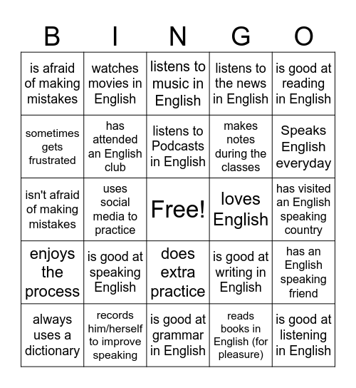 Learning English Bingo Card