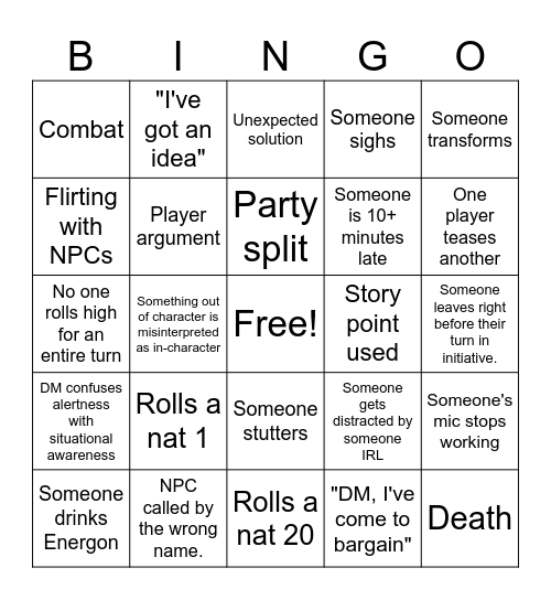 Transformers Bingo Card