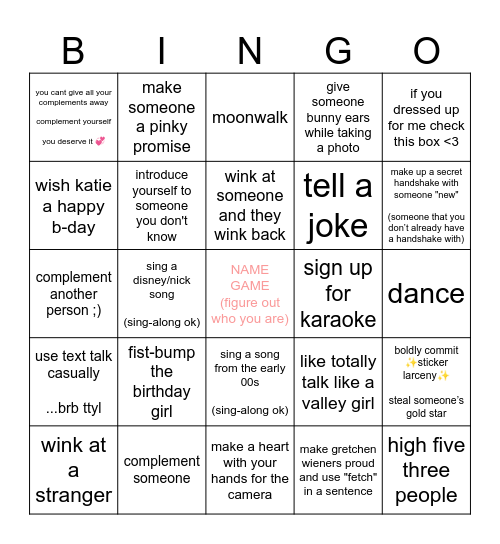 Katie's Birthday Bingo Card