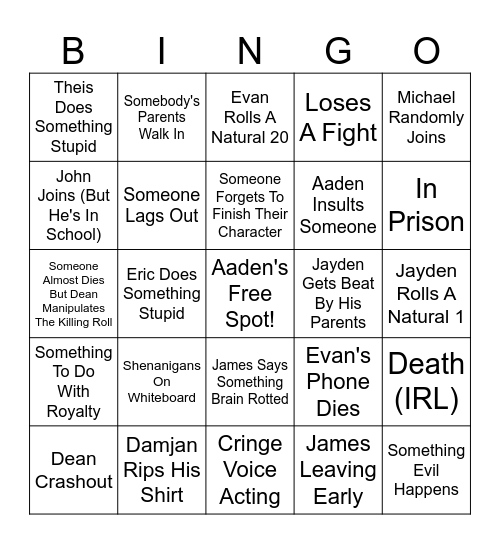 DND Bingo (Monday) Bingo Card