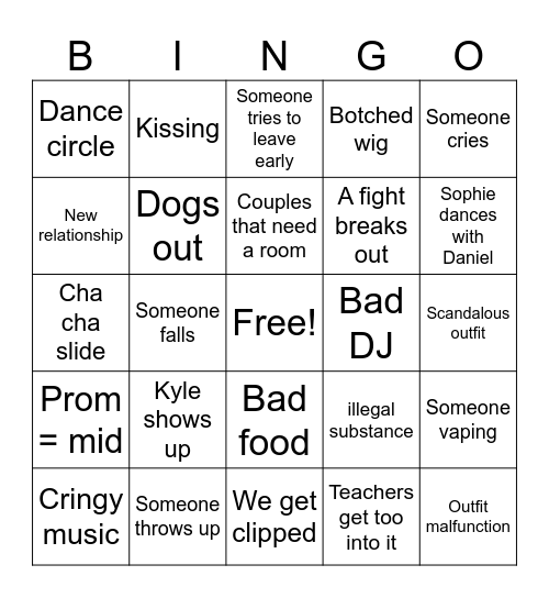 junior Prom 2025 Bingo Card
