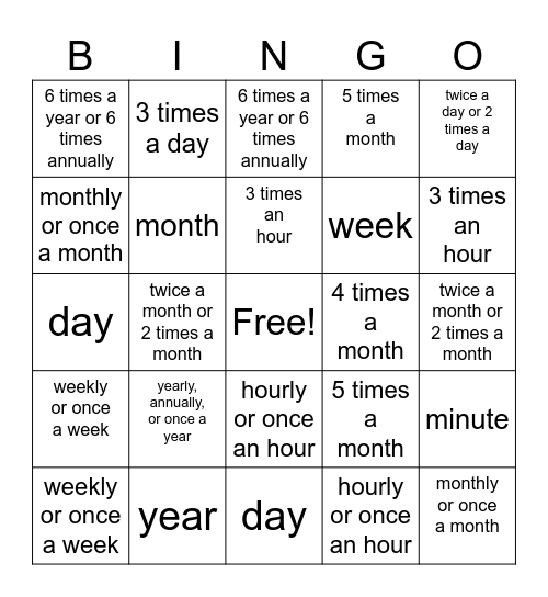 Fixed Time Periods Bingo Card