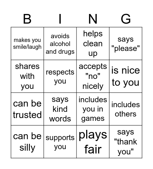 Good Friends Qualities Bingo Card