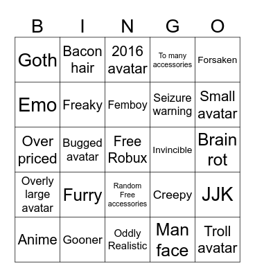 Roblox Avatars Bingo Card