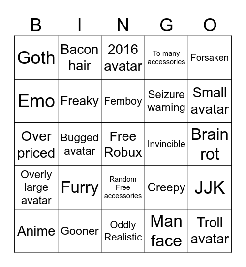 Roblox Avatars Bingo Card