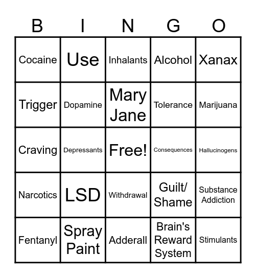 Substance Use and Abuse Bingo Card
