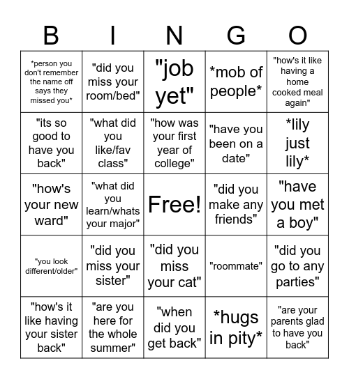 coming back from college Bingo Card