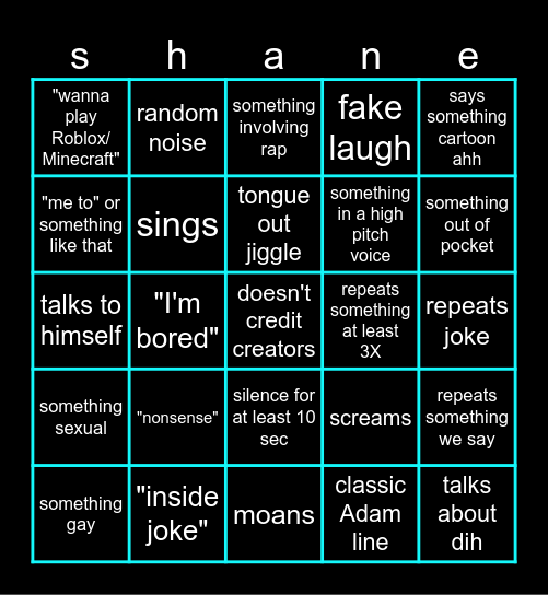 shane bingo Card