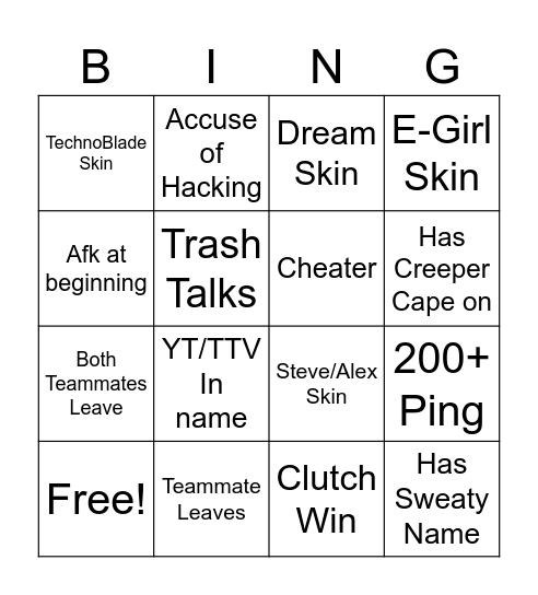 Norfs Video Bingo Card