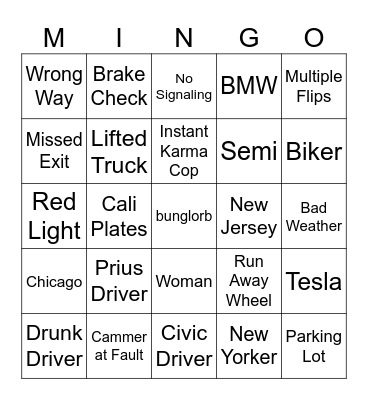 Idiots In Cars Mingo Bingo Card