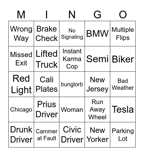 Idiots In Cars Mingo Bingo Card