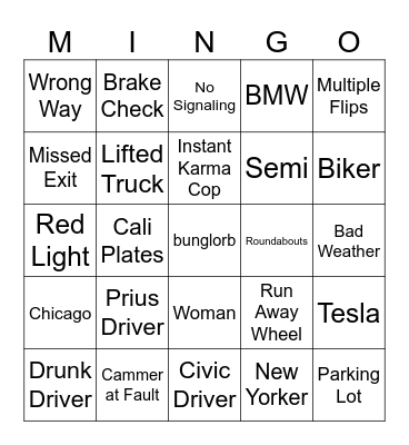Idiots In Cars Mingo Bingo Card
